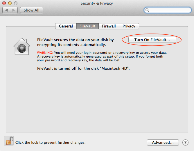 FileVault preferences screen